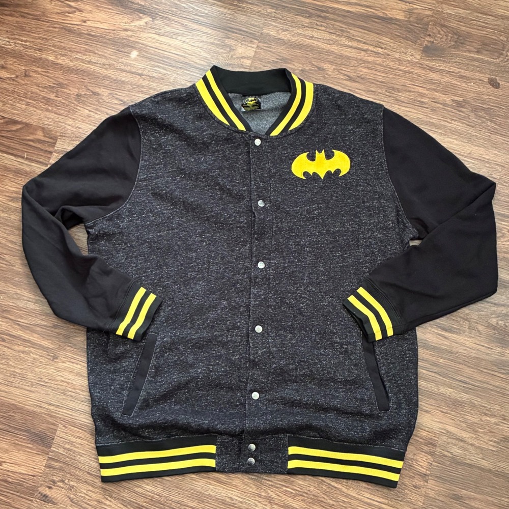 Batman DC Comics Varsity Jacket Mens 2XL Black Yellow Bat Logo Snap Front